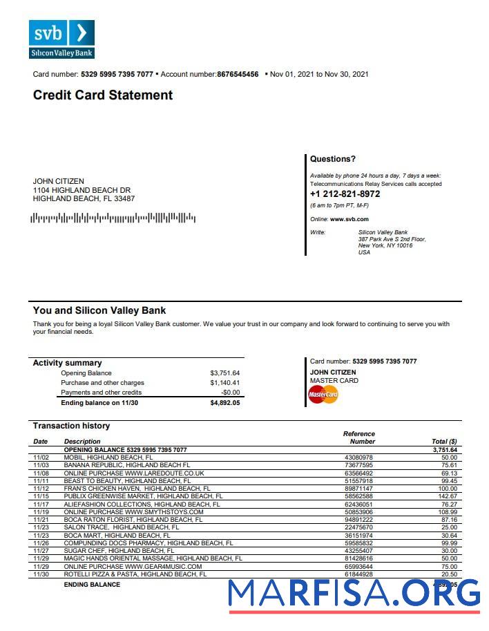 Printable USA Florida Silicon Valley bank statement word sample